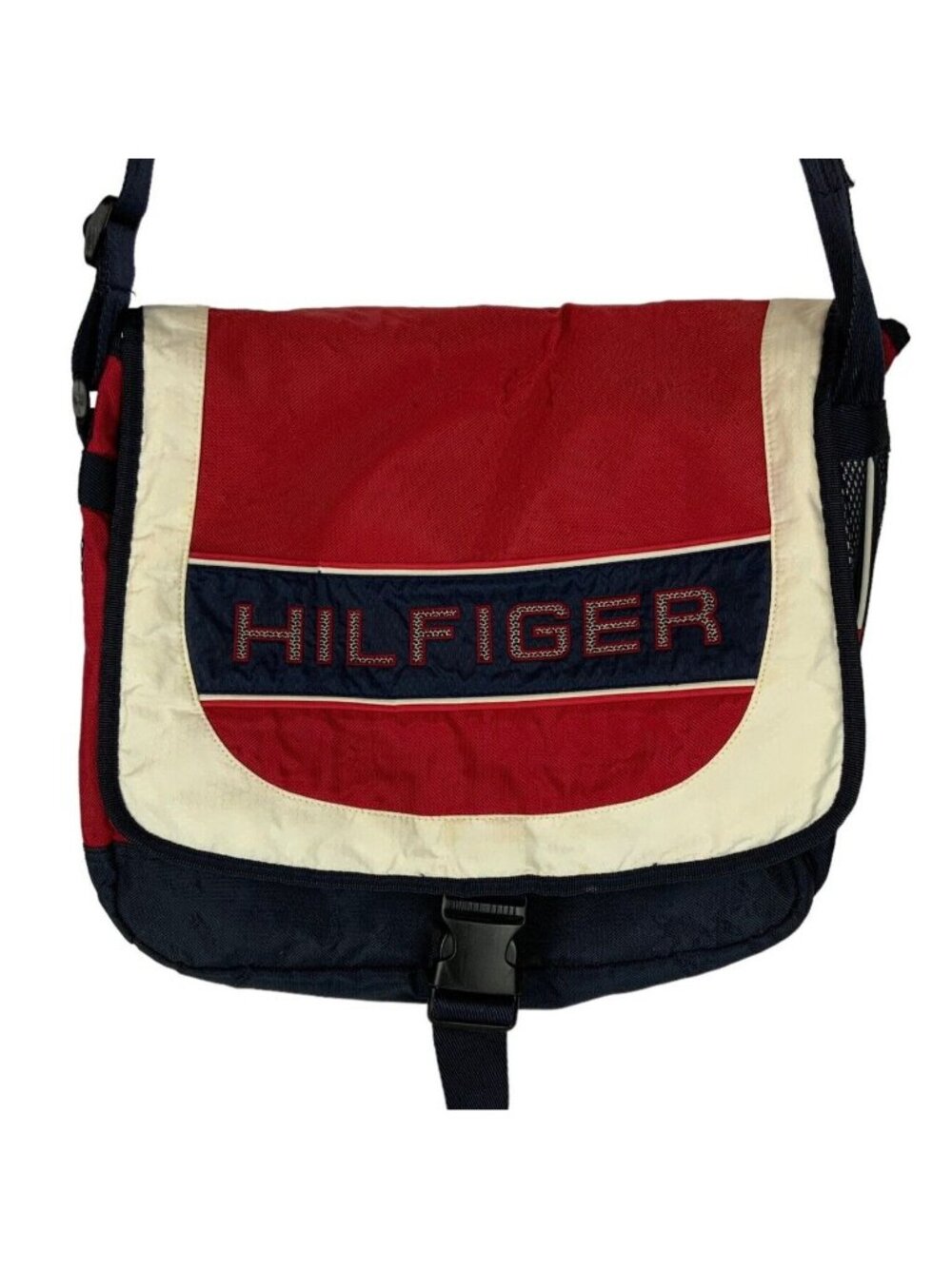 Vintage Tommy Hilfiger Messenger Book Bag Red Blue Spellout Patriotic